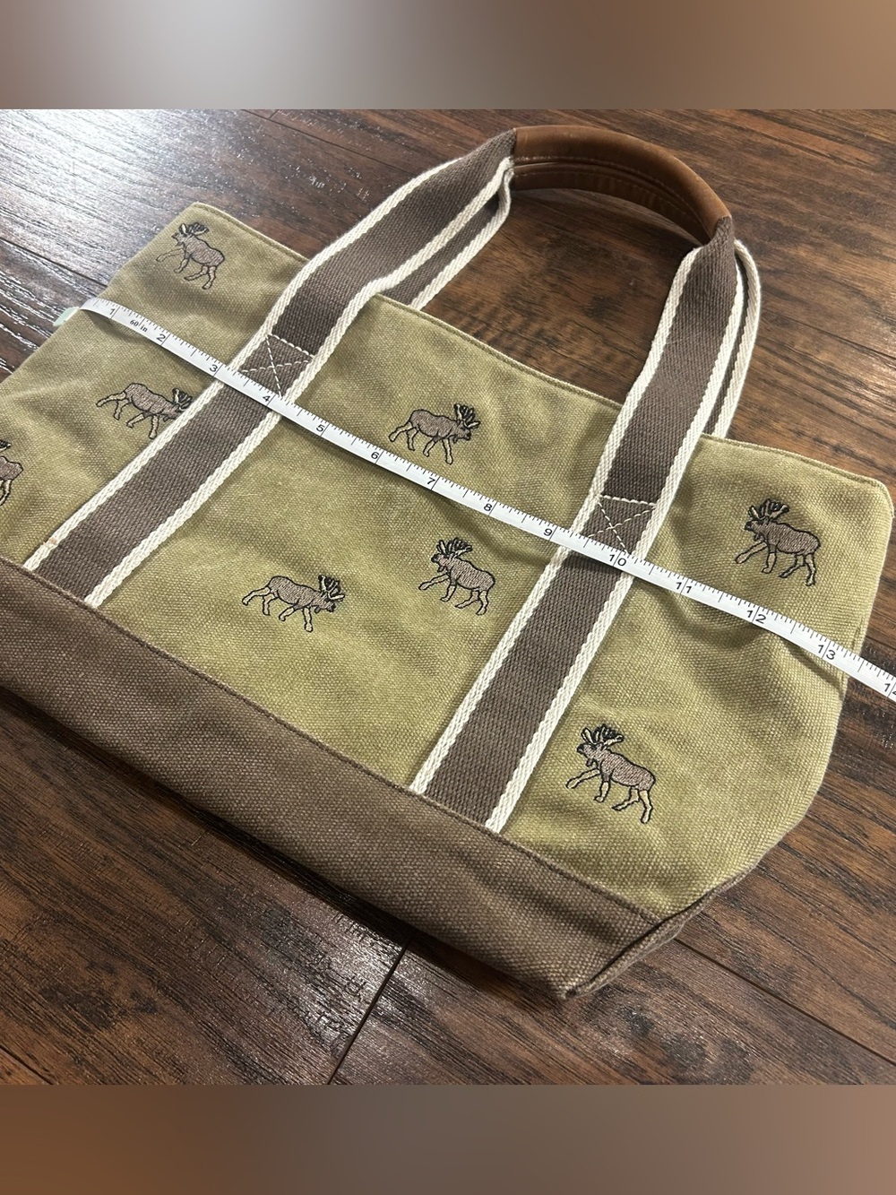 VINTAGE L.L.Bean Canvas Boat & Tote Moose Tan Brown Leather Trim Small Purse Bag - Picture 13 of 14